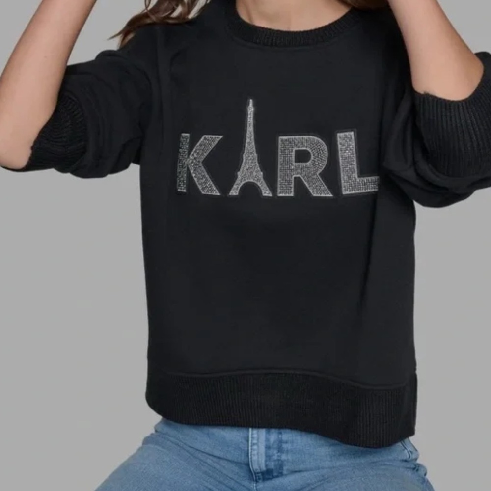 Karl Lagerfeld XL Black Cotton Crewneck Women's Sweater/Sweatshirt - Picture 6 of 7